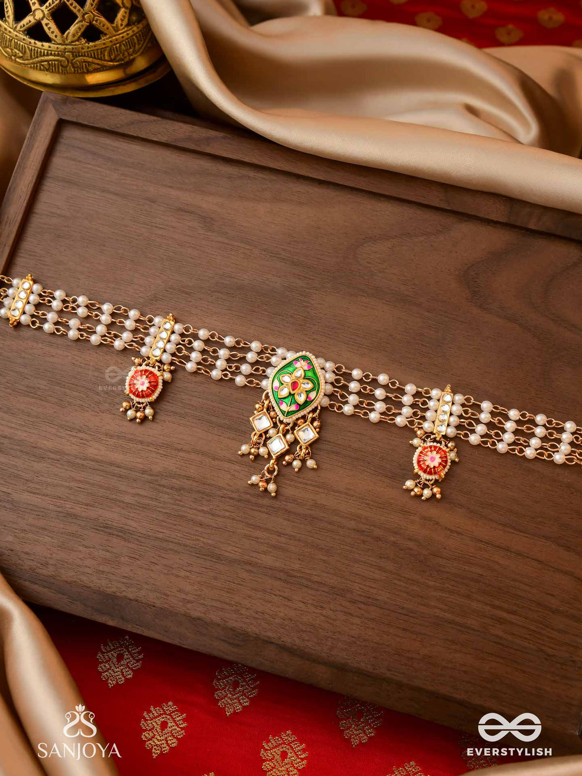 Shringarika - The Adorned One- Elegant Pearl Necklace With Green Enamel Drop, Kundan And Beads