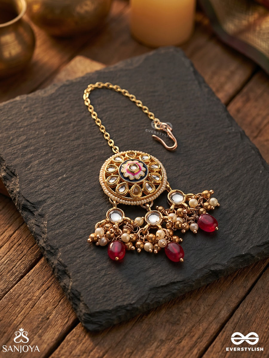 Tribandhura - Three-Stranded Beauty- Kundan Maangtika With Floral Enamelled Medallions And Ruby Drops