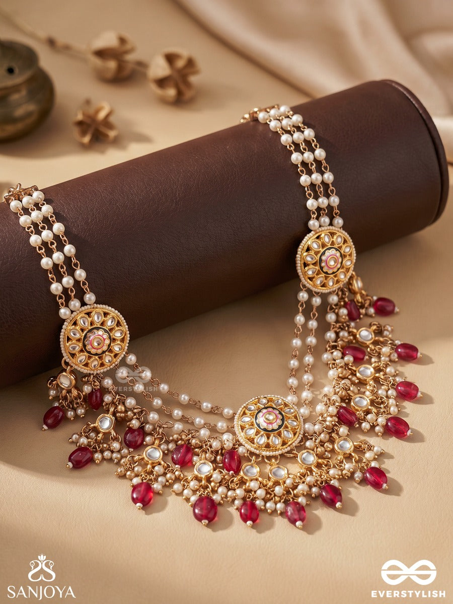 Tribandhura - Three-Stranded Beauty- Triple-Chain Kundan Neckpiece With Floral Enamelled Medallions And Ruby Drops