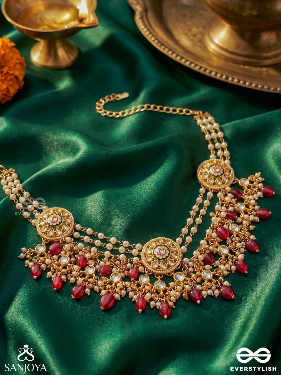 Tribandhura - Three-Stranded Beauty- Triple-Chain Kundan Neckpiece With Floral Enamelled Medallions And Ruby Drops
