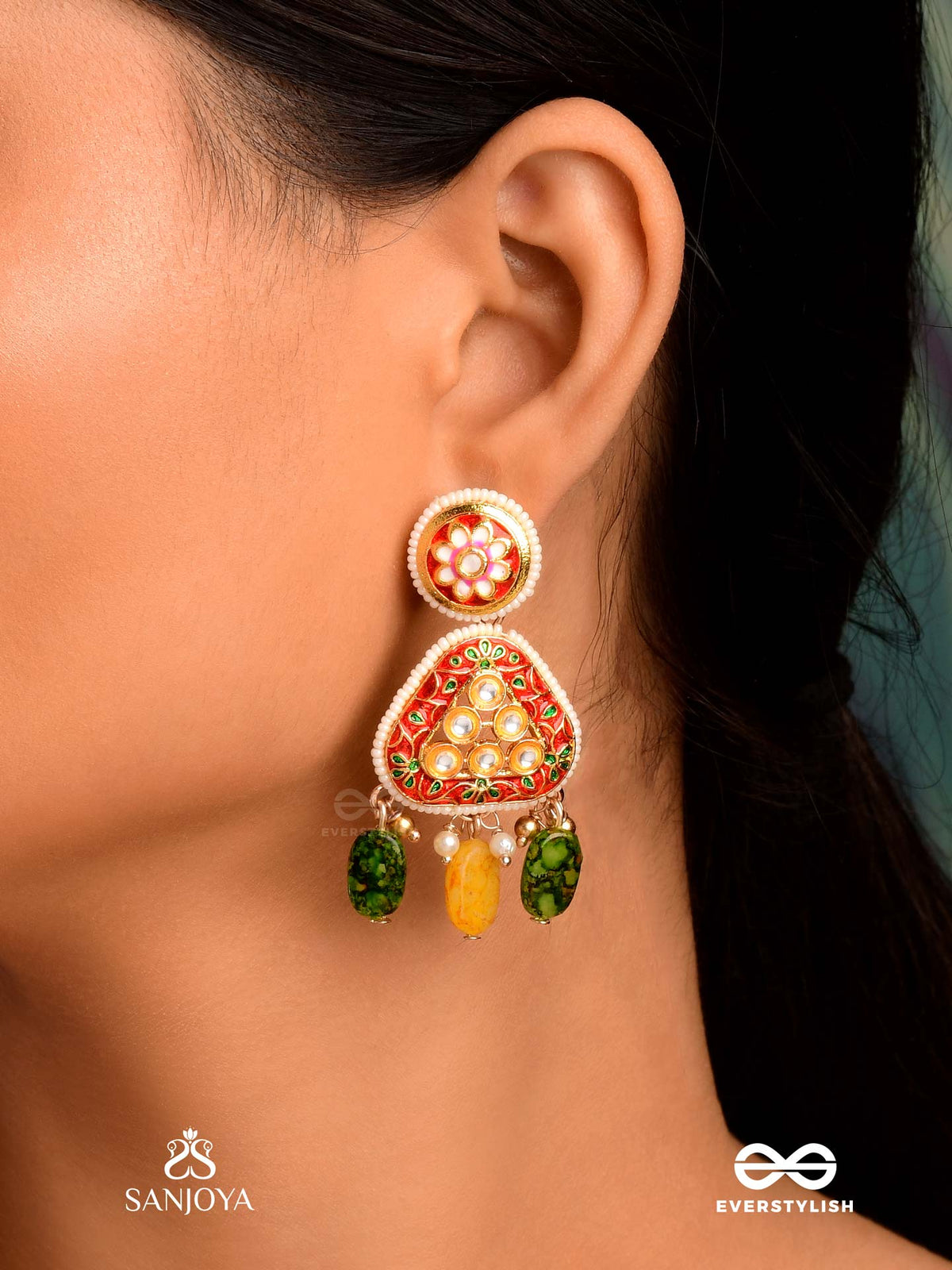 Satrangija - Rainbow-Clad- Festive Enamelled Kundan Earrings With Colorful Drops And Pearls