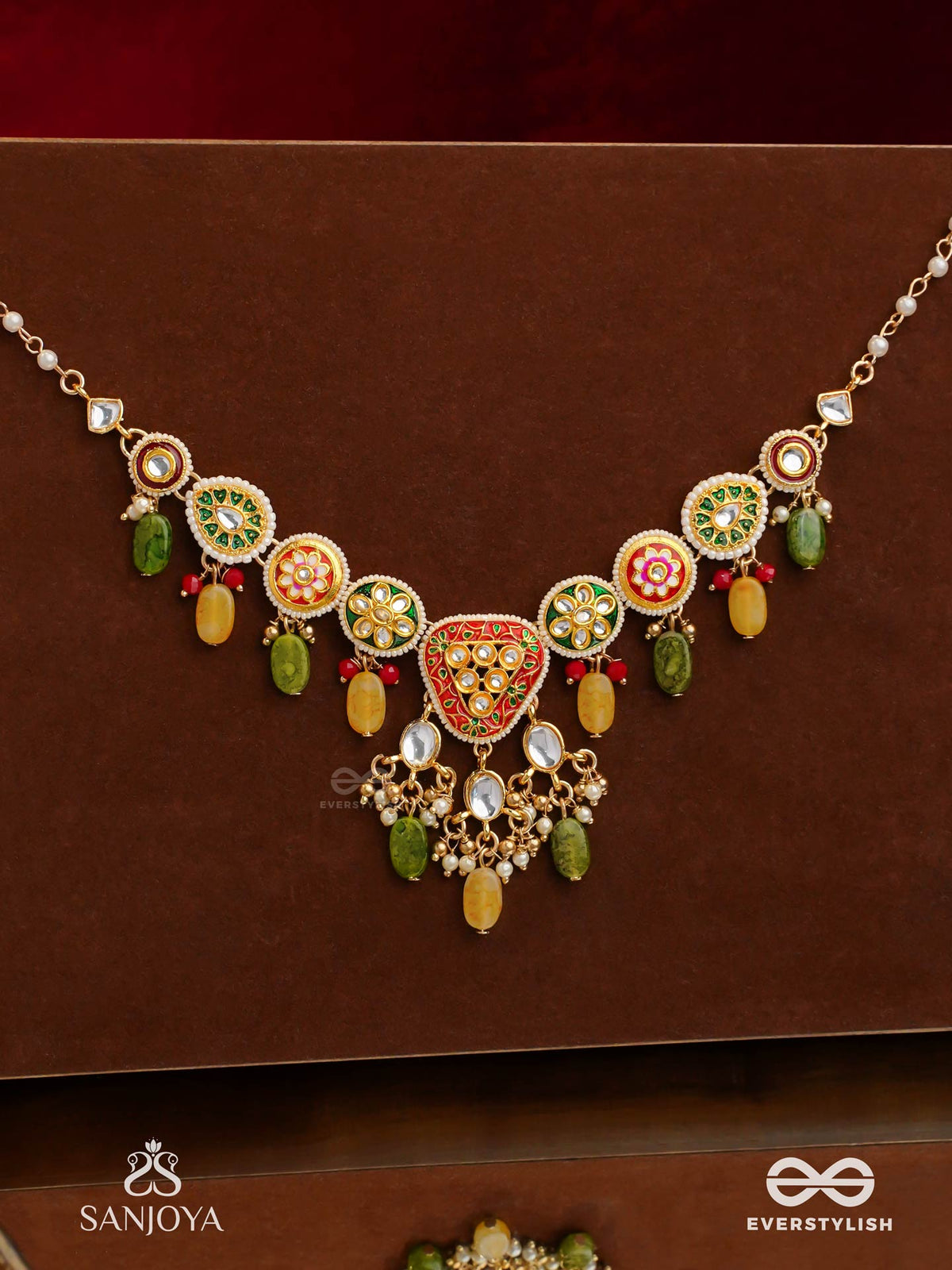 Satrangija - Rainbow-Clad- Festive Enamelled Kundan Necklace With Colorful Drops And Pearls