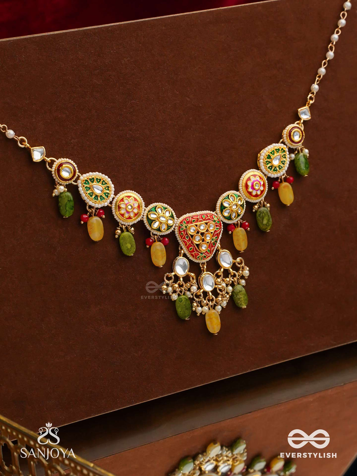Satrangija - Rainbow-Clad- Festive Enamelled Kundan Necklace With Colorful Drops And Pearls