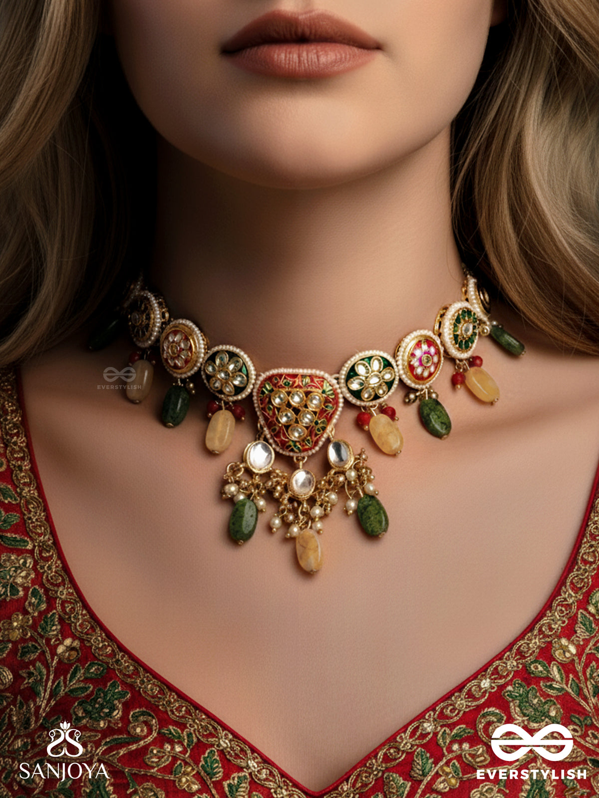 Satrangija - Rainbow-Clad- Festive Enamelled Kundan Necklace With Colorful Drops And Pearls
