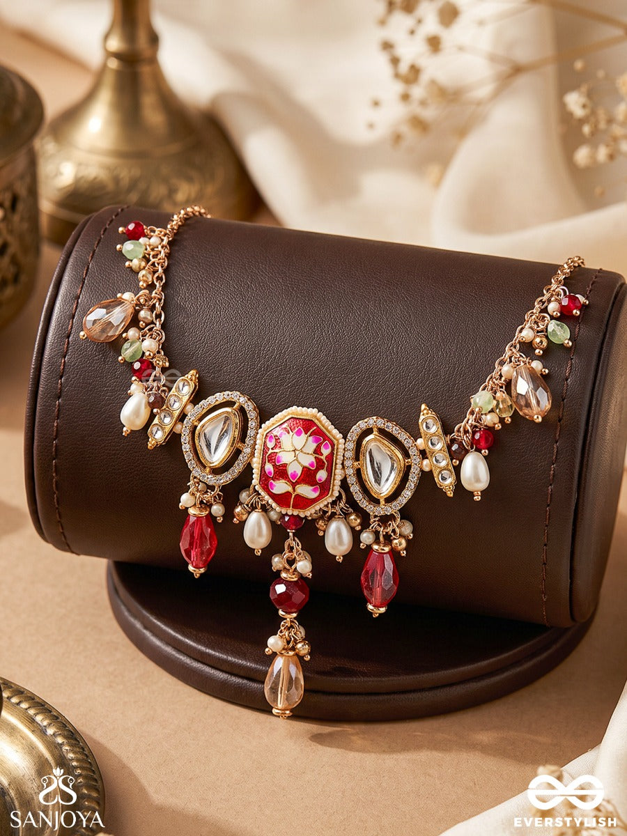Vasurangini - Treasured Colours - Statement Necklace With Gem Medallion And Multi-Drop Fringe