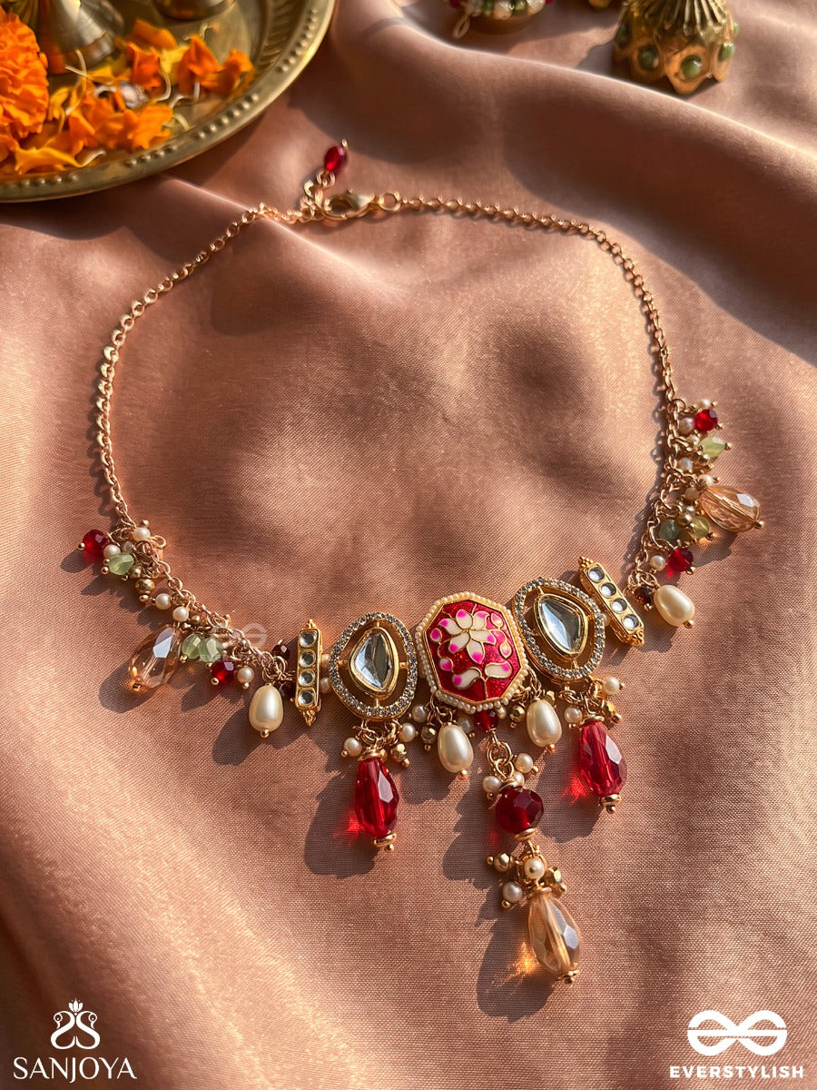 Vasurangini - Treasured Colours - Statement Necklace With Gem Medallion And Multi-Drop Fringe