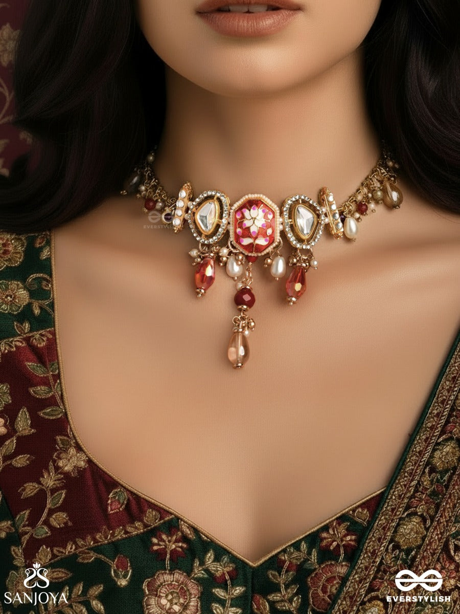 Vasurangini - Treasured Colours - Statement Necklace With Gem Medallion And Multi-Drop Fringe