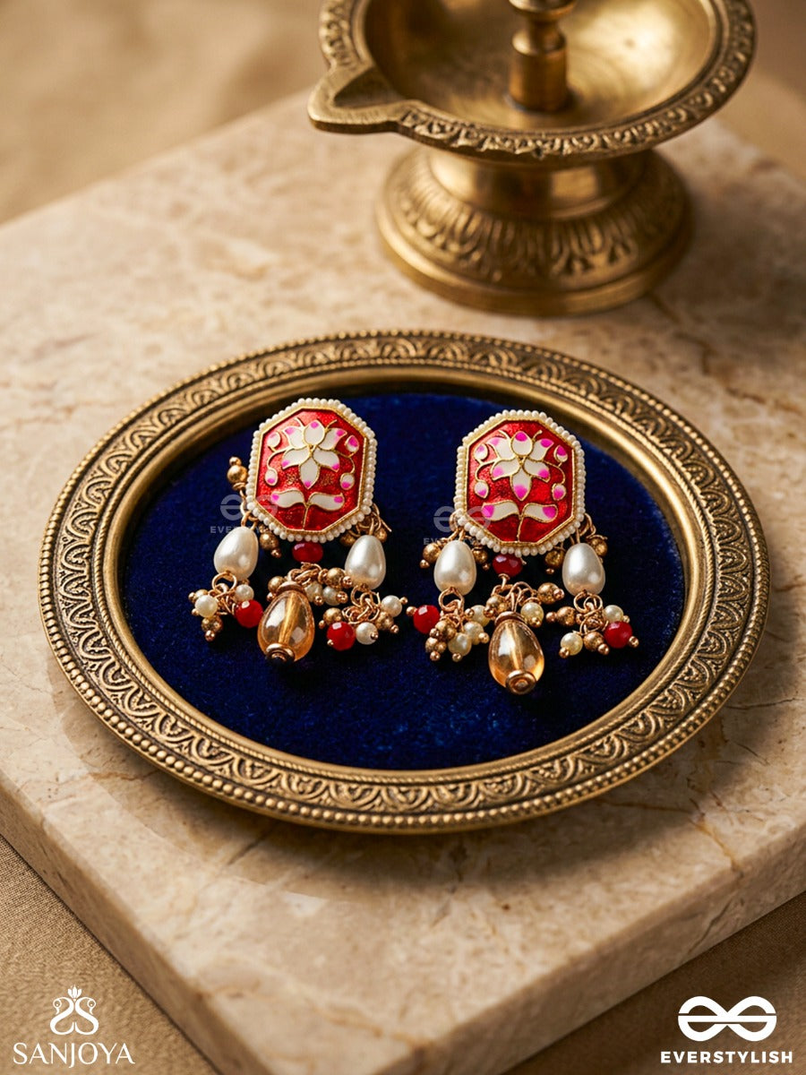 Abharani - The Adorned Queen- Fine Traditional Kundan Earrings With Red Enamel Work, Pearl And Beads