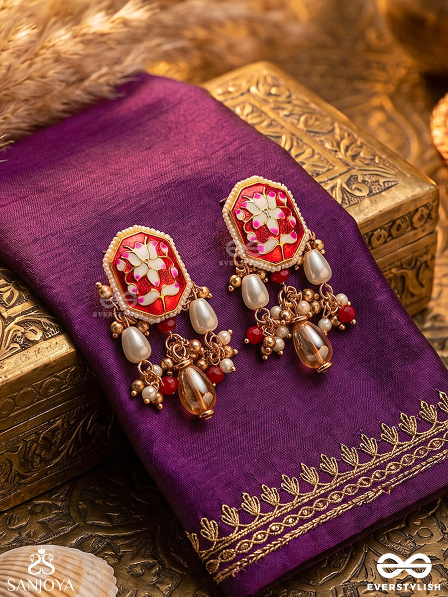 Abharani - The Adorned Queen- Fine Traditional Kundan Earrings With Red Enamel Work, Pearl And Beads