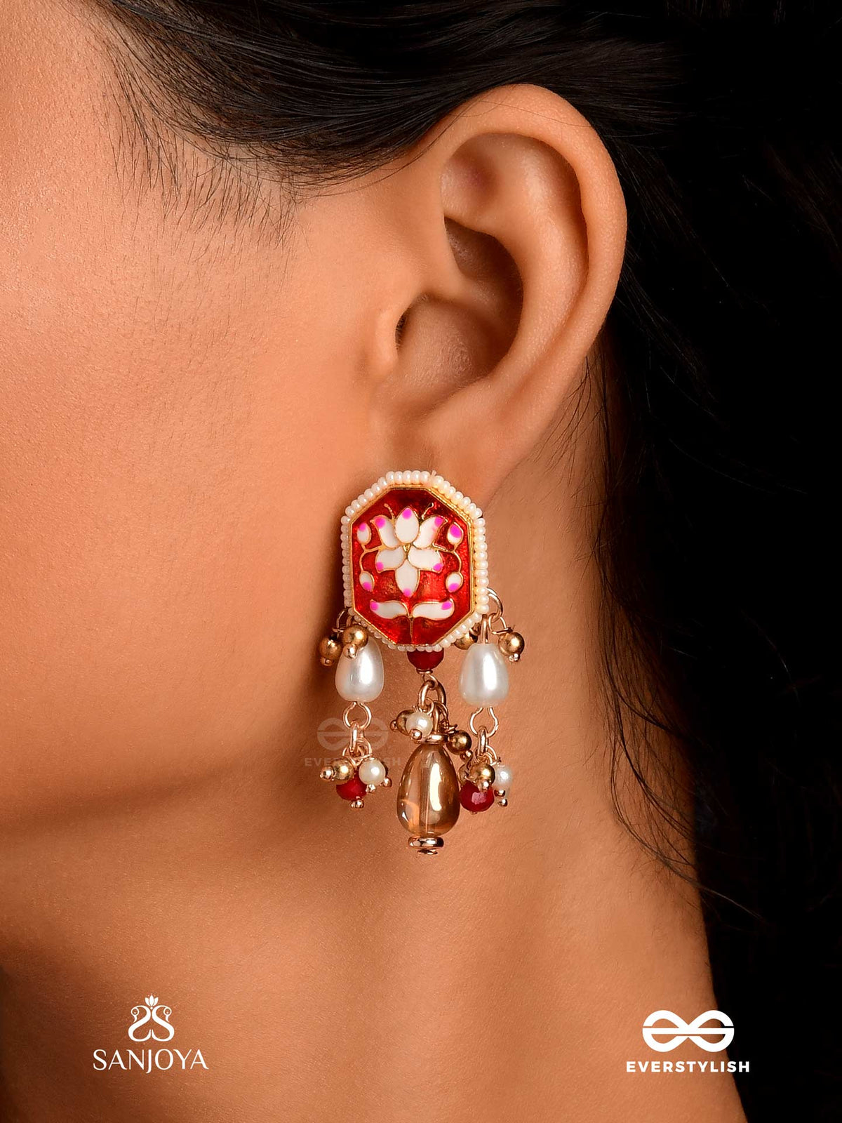 Abharani - The Adorned Queen- Fine Traditional Kundan Earrings With Red Enamel Work, Pearl And Beads