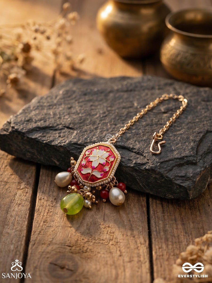 Padmalata - Lotus Creeper - Enameled Lotus Pattern Maangtika With Pearls And Bead Drops
