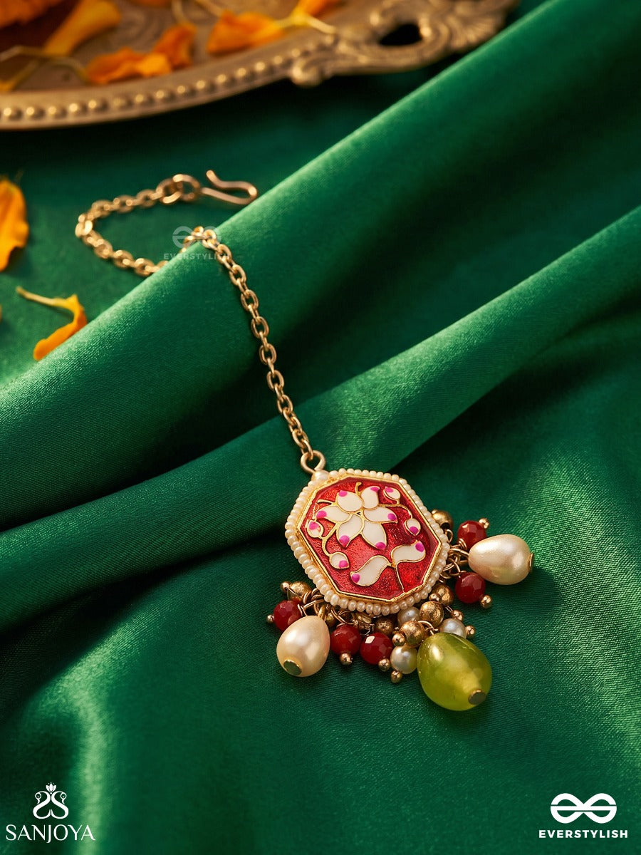 Padmalata - Lotus Creeper - Enameled Lotus Pattern Maangtika With Pearls And Bead Drops