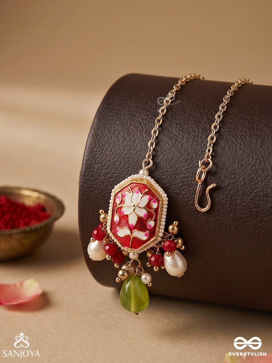 Padmalata - Lotus Creeper - Enameled Lotus Pattern Maangtika With Pearls And Bead Drops