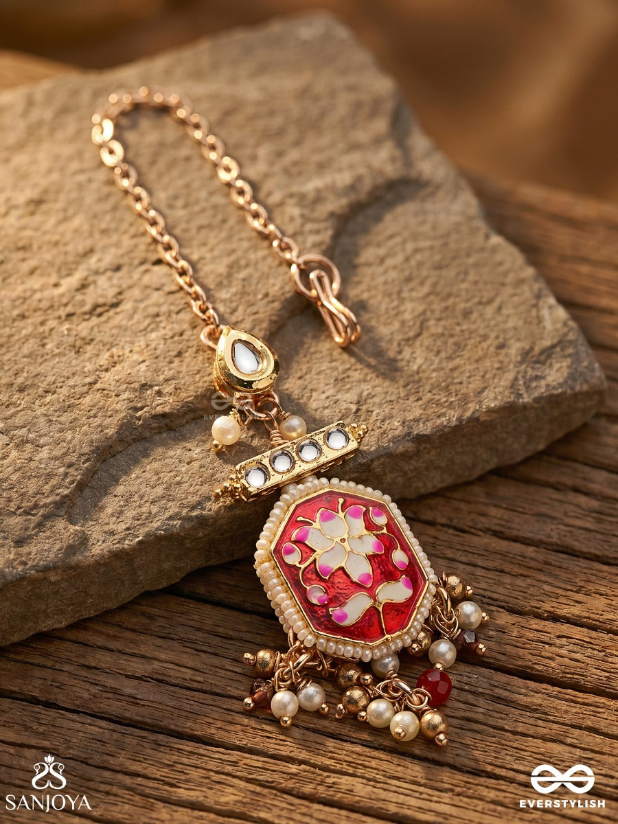 Abharani - The Adorned Queen- Fine Traditional Kundan Maangtika With Red Enamel Work, Pearl And Beads