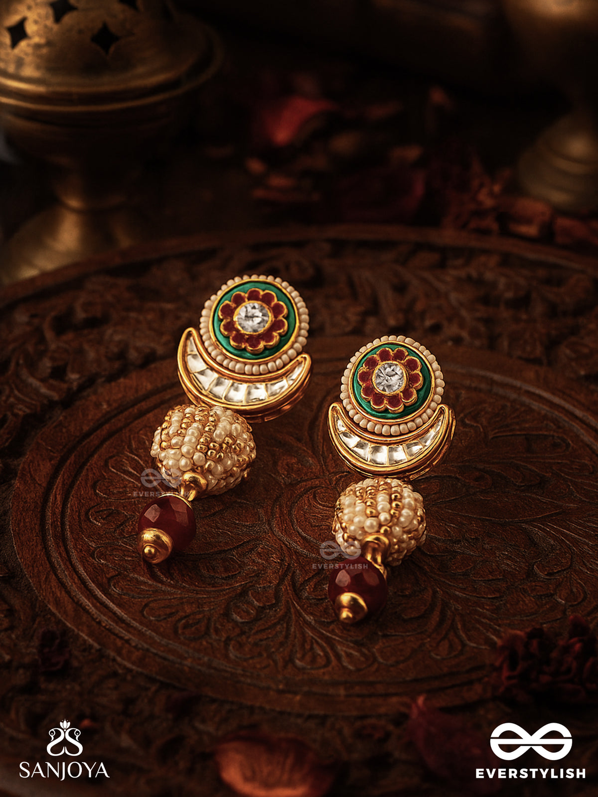 Kamini - Moon Gem- Minimalistic Kundan Enamel Earrings With Floral Center, Pearl Spheres And Celestial Design