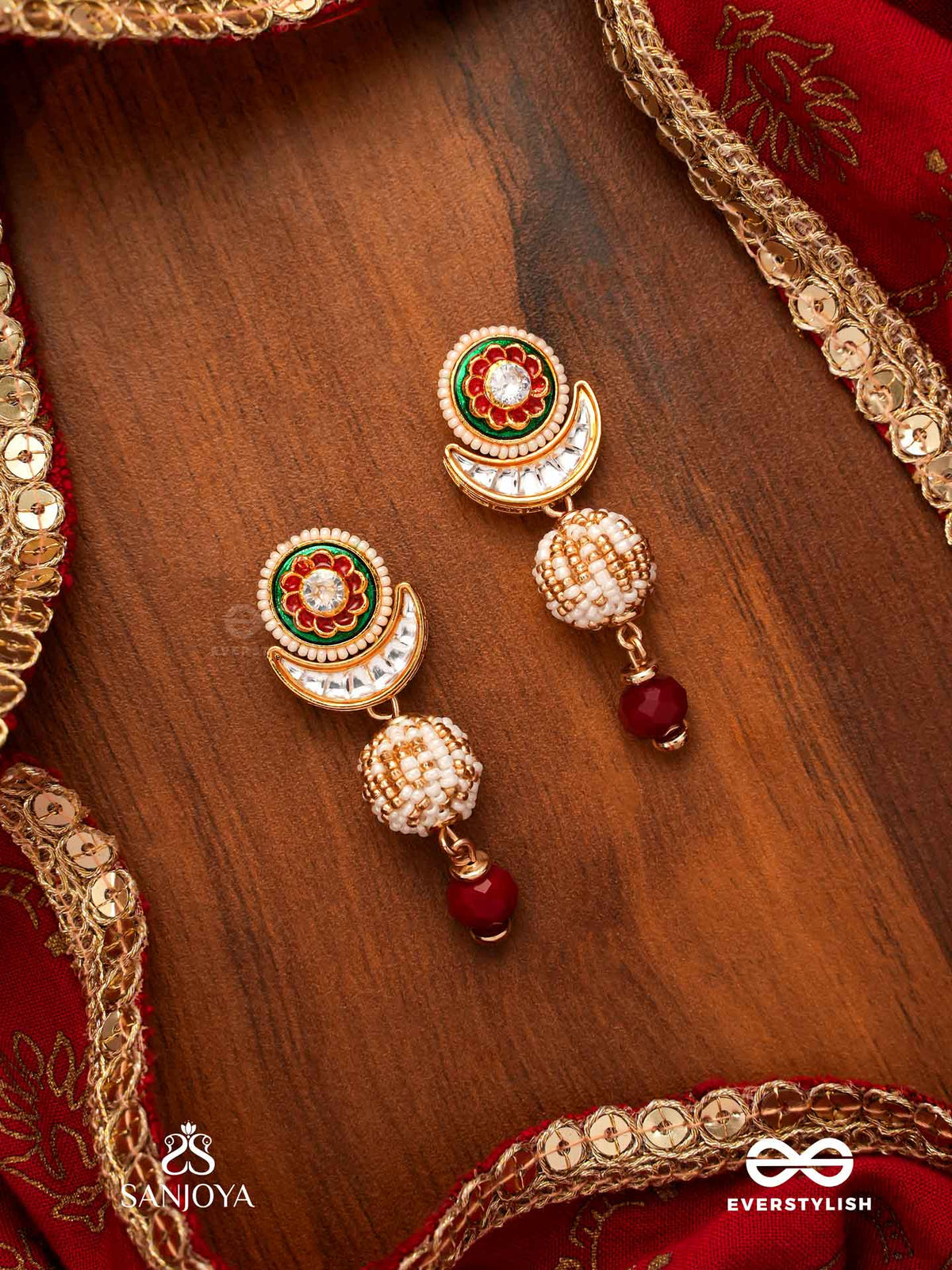 Kamini - Moon Gem- Minimalistic Kundan Enamel Earrings With Floral Center, Pearl Spheres And Celestial Design