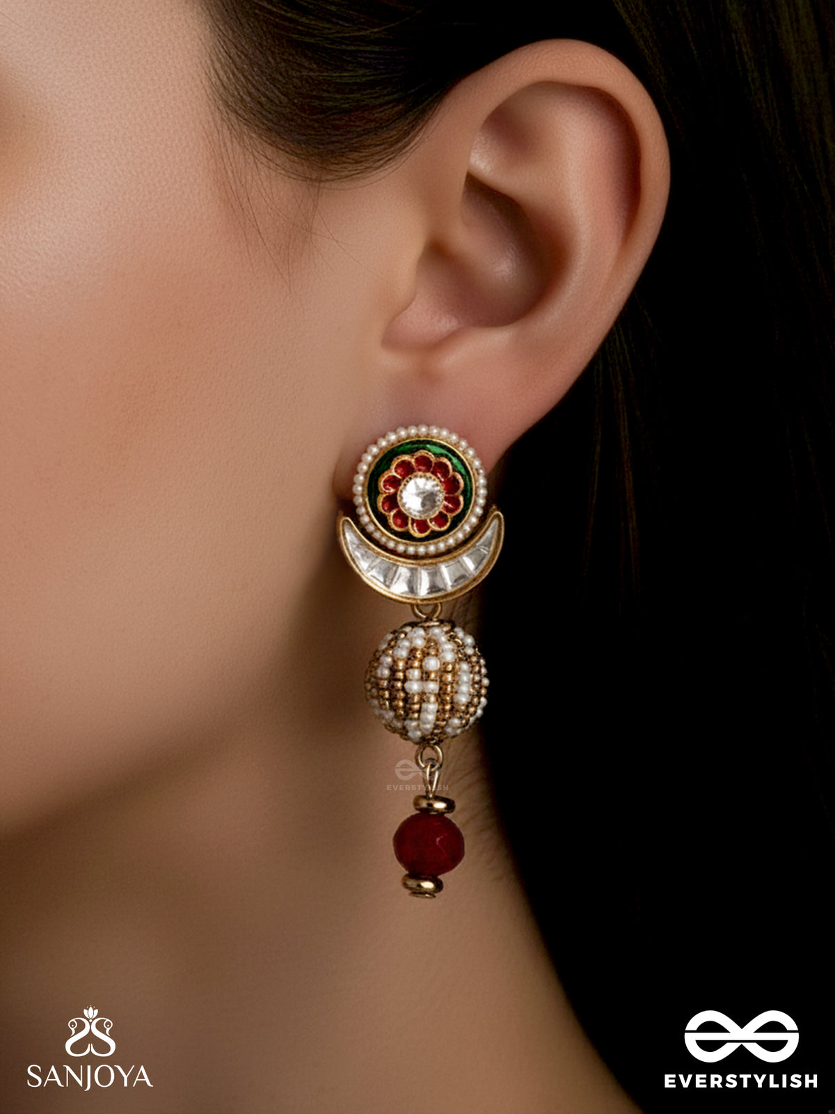 Kamini - Moon Gem- Minimalistic Kundan Enamel Earrings With Floral Center, Pearl Spheres And Celestial Design
