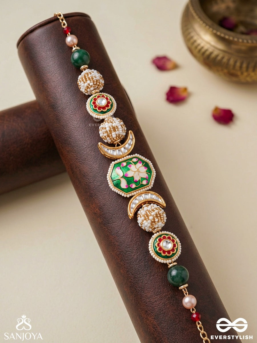Kamini - Moon Gem- Minimalistic Kundan Enamel Necklace With Floral Center, Pearl Spheres And Celestial Design