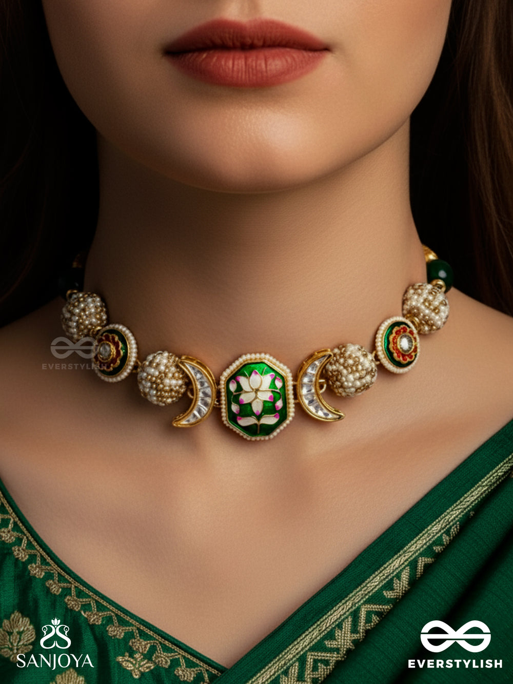 Kamini - Moon Gem- Minimalistic Kundan Enamel Necklace With Floral Center, Pearl Spheres And Celestial Design