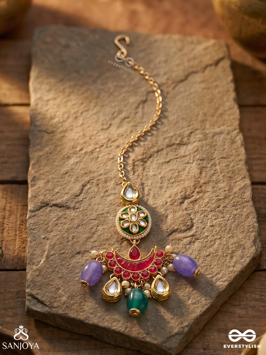 Rangamaya - Filled With Colors- Intricate Kundan Crescents Enamelled Maangtika With Vibrant Beaded Fringes And Pearls