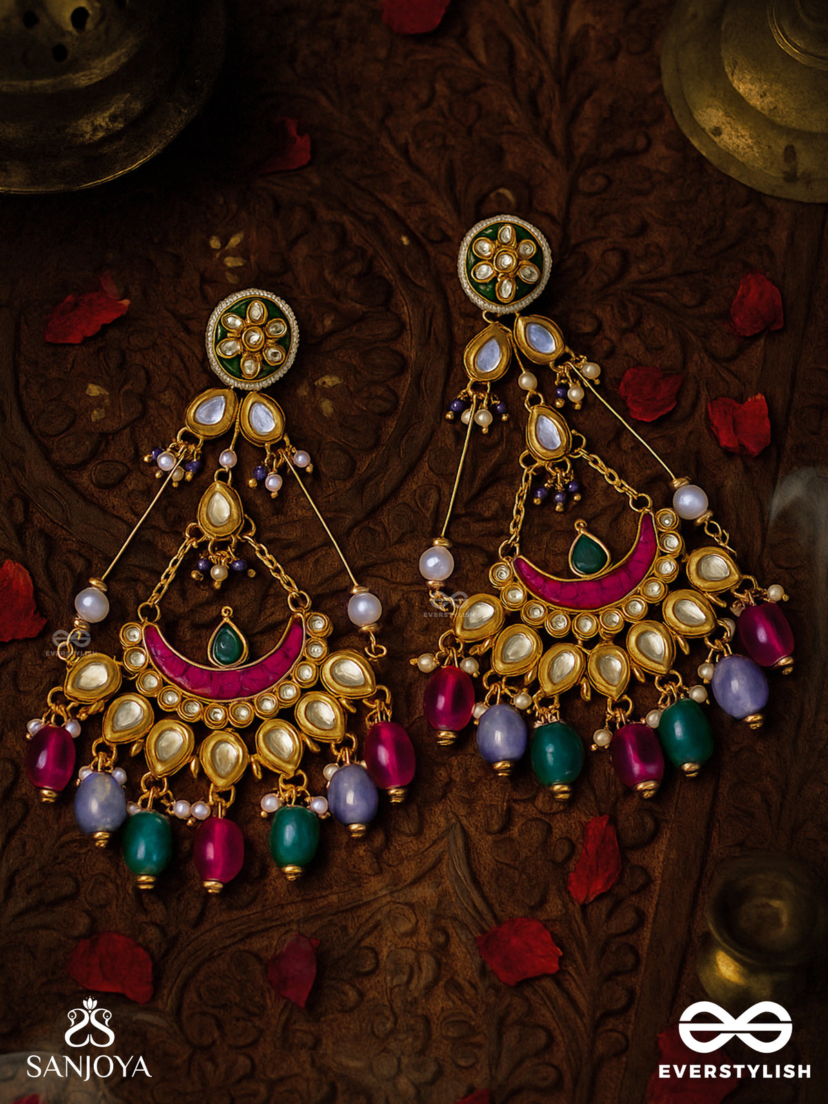 Rangamaya - Filled With Colors- Intricate Kundan Crescents Enamelled Earrings With Vibrant Beaded Fringes And Pearls