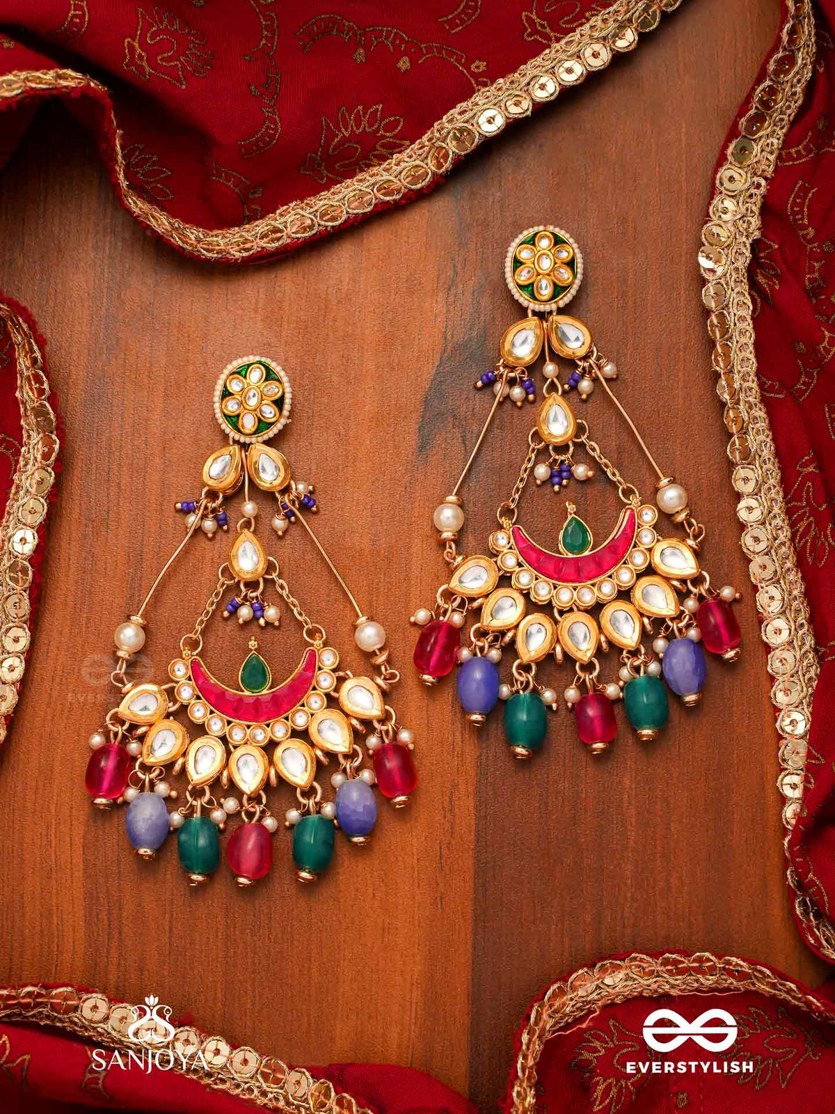 Rangamaya - Filled With Colors- Intricate Kundan Crescents Enamelled Earrings With Vibrant Beaded Fringes And Pearls