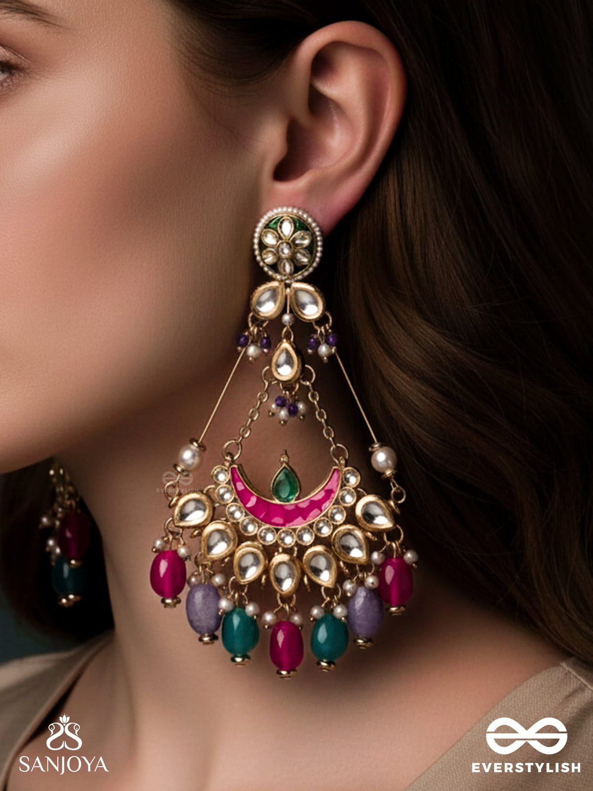 Rangamaya - Filled With Colors- Intricate Kundan Crescents Enamelled Earrings With Vibrant Beaded Fringes And Pearls