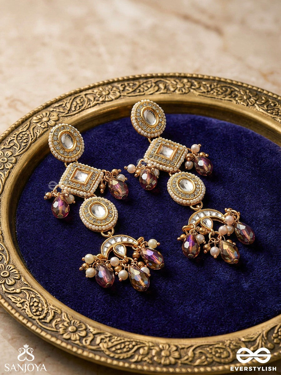 Shyamala - Dusky Queen- Geometric Polki Earrings With Rich Glass Drops And Pearls