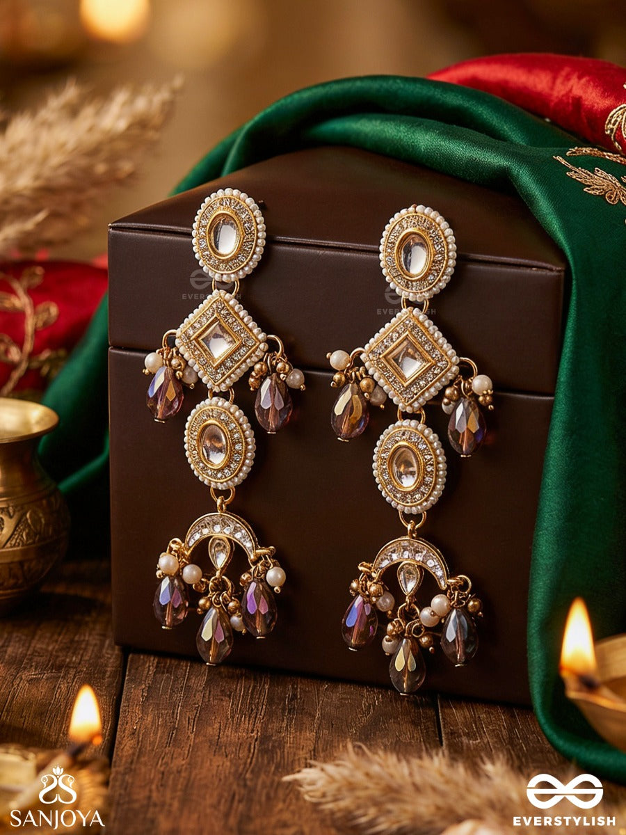 Shyamala - Dusky Queen- Geometric Polki Earrings With Rich Glass Drops And Pearls