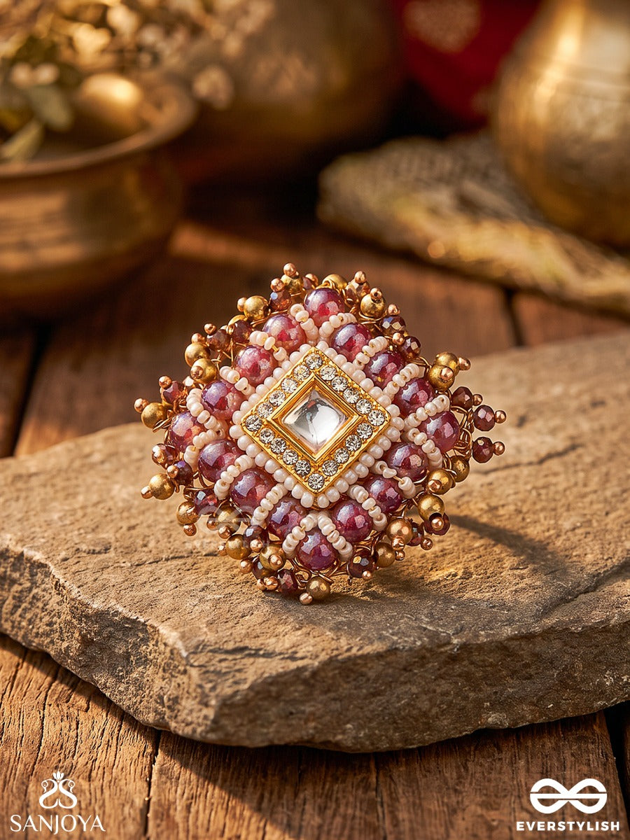 Shyamala - Dusky Queen- Geometric Polki Ring With Rich Glass Drops And Pearls