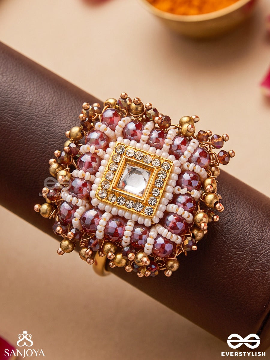 Shyamala - Dusky Queen- Geometric Polki Ring With Rich Glass Drops And Pearls