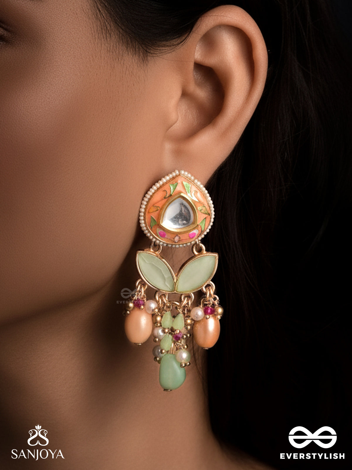 Vasantilata - Spring Vine- Charming Pastel Kundan Earrings With Gemstones, Beads And Pearl Drops
