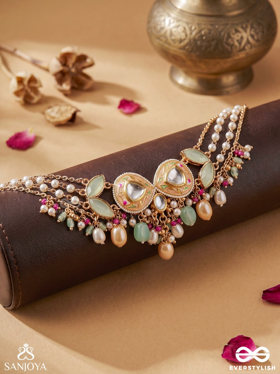 Vasantilata - Spring Vine- Charming Pastel Kundan Necklace With Gemstones, Beads And Pearl Drops