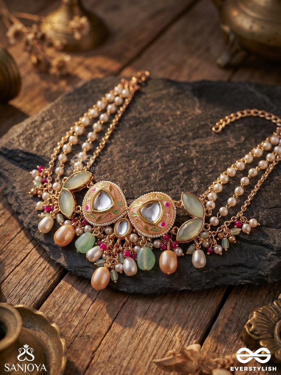 Vasantilata - Spring Vine- Charming Pastel Kundan Necklace With Gemstones, Beads And Pearl Drops