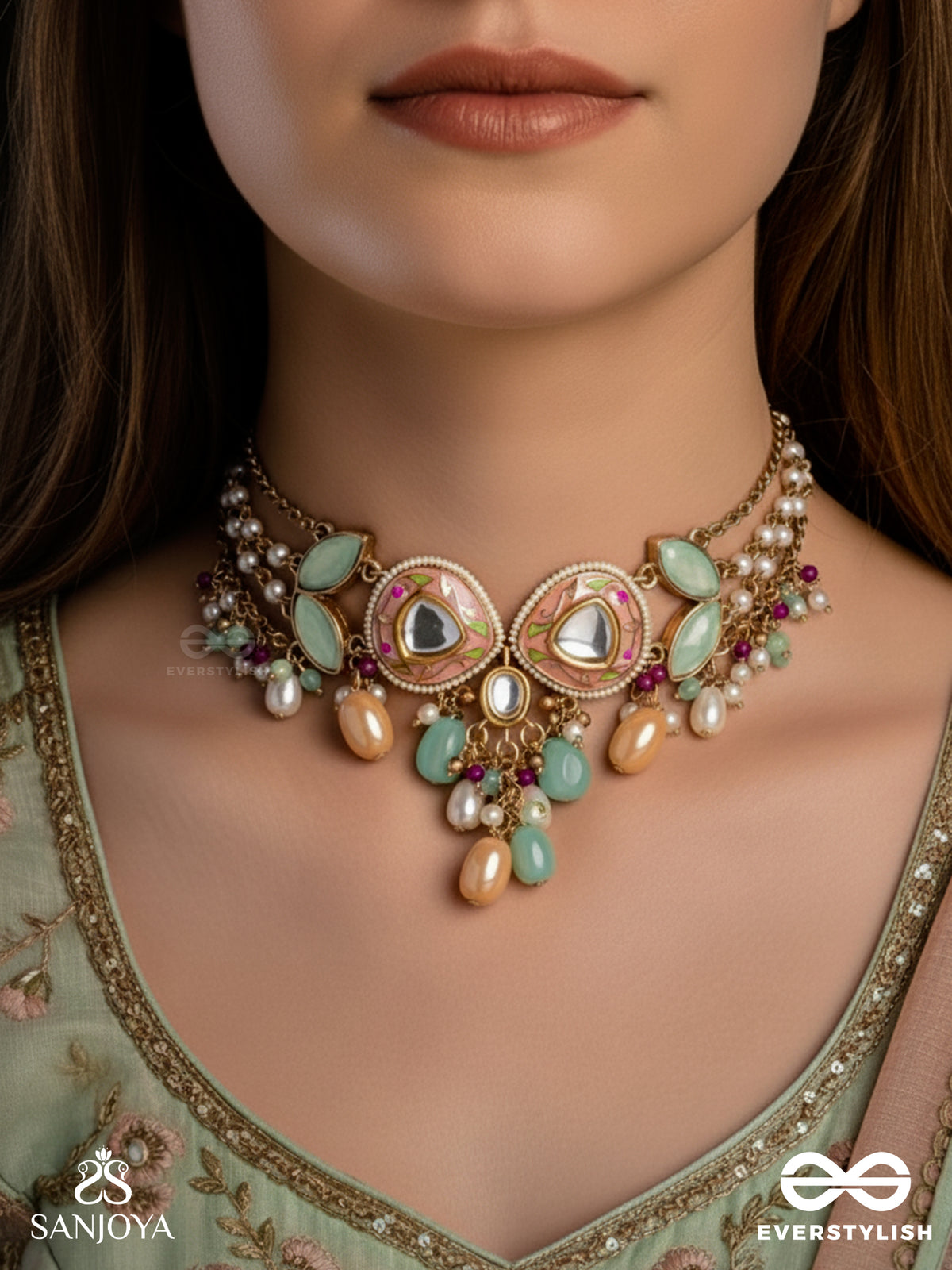 Vasantilata - Spring Vine- Charming Pastel Kundan Necklace With Gemstones, Beads And Pearl Drops