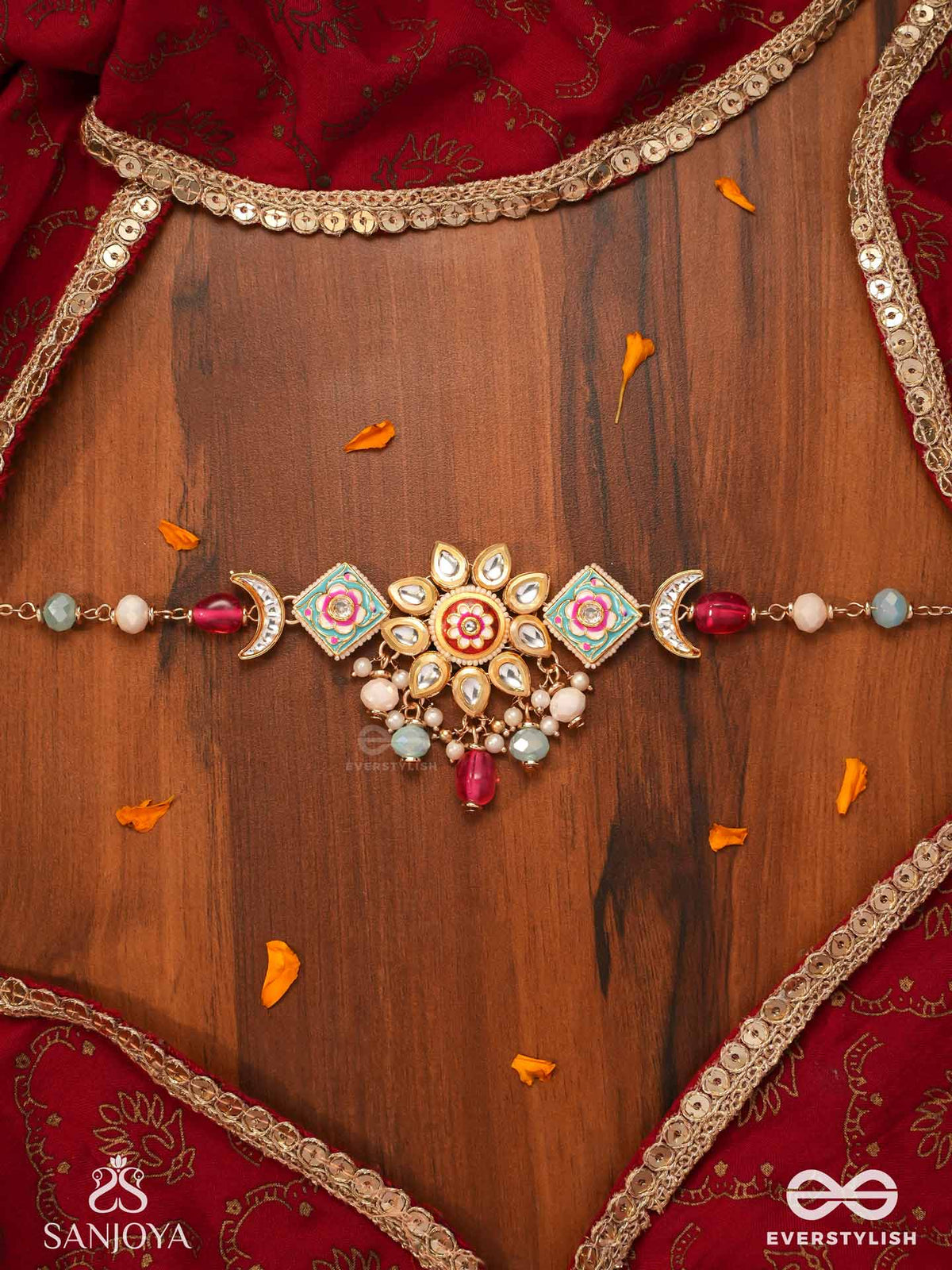 Somarangi - Moon-Hued Beauty- Floral Enamelled Kundan Choker With Colorful Bead Drops And Pearls