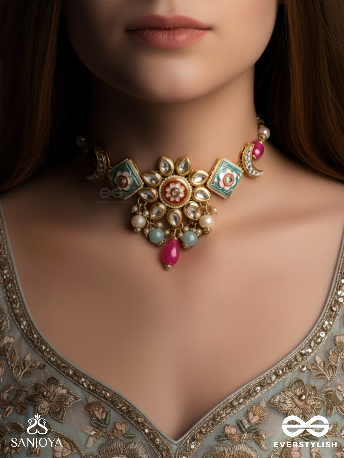 Somarangi - Moon-Hued Beauty- Floral Enamelled Kundan Choker With Colorful Bead Drops And Pearls