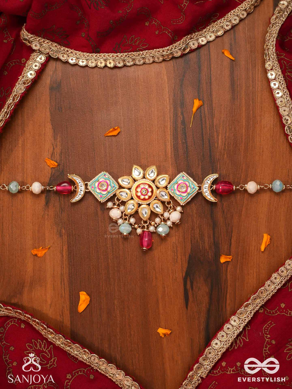 Somarangi - Moon-Hued Beauty- Floral Enamelled Kundan Choker With Colorful Bead Drops And Pearls