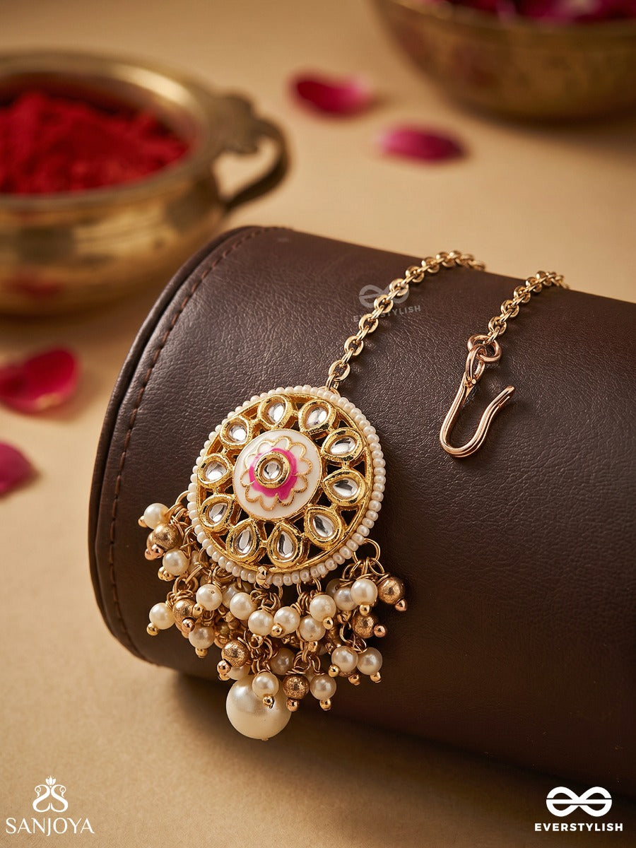 Kshiranila - Milky Sky - Elegant Kundan Pearl Maangtika With A Central Round Polki Enamel Detail