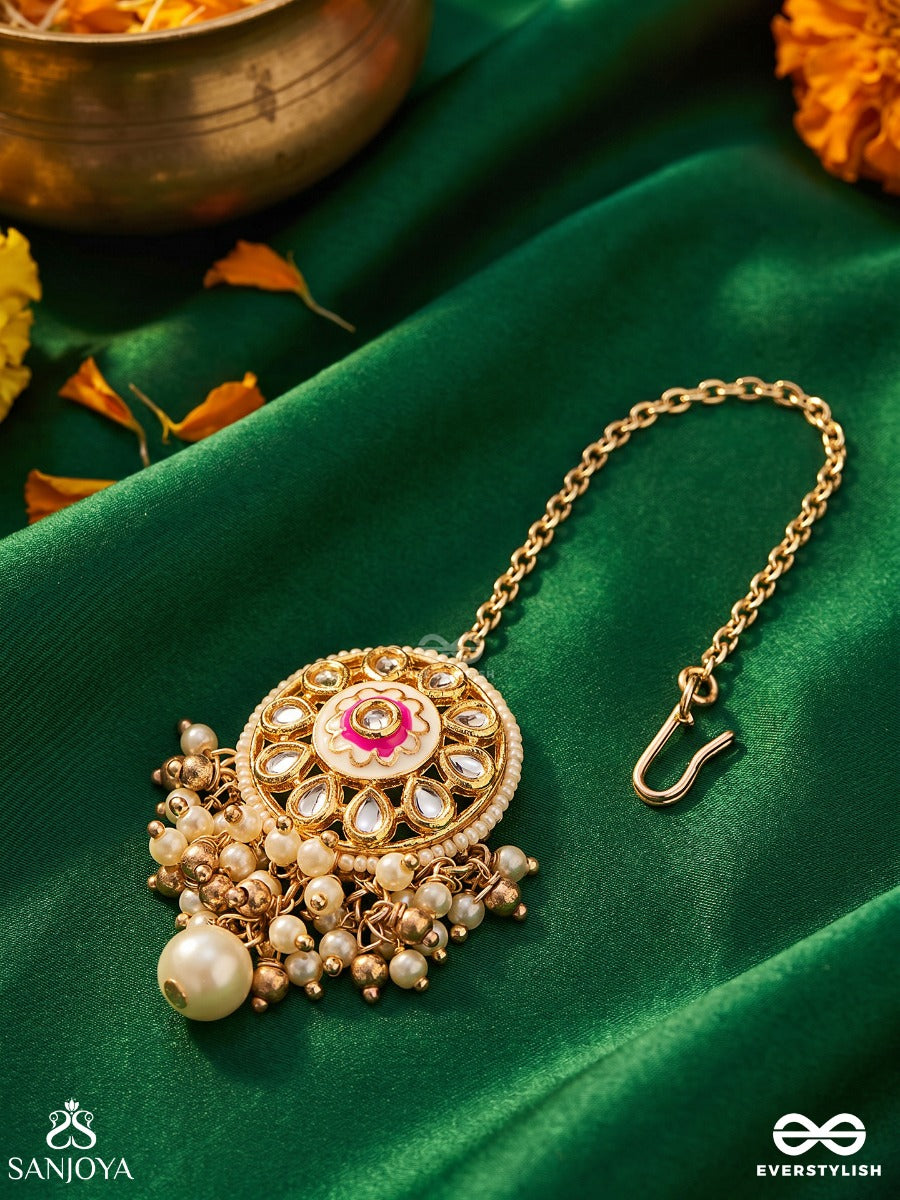 Kshiranila - Milky Sky - Elegant Kundan Pearl Maangtika With A Central Round Polki Enamel Detail
