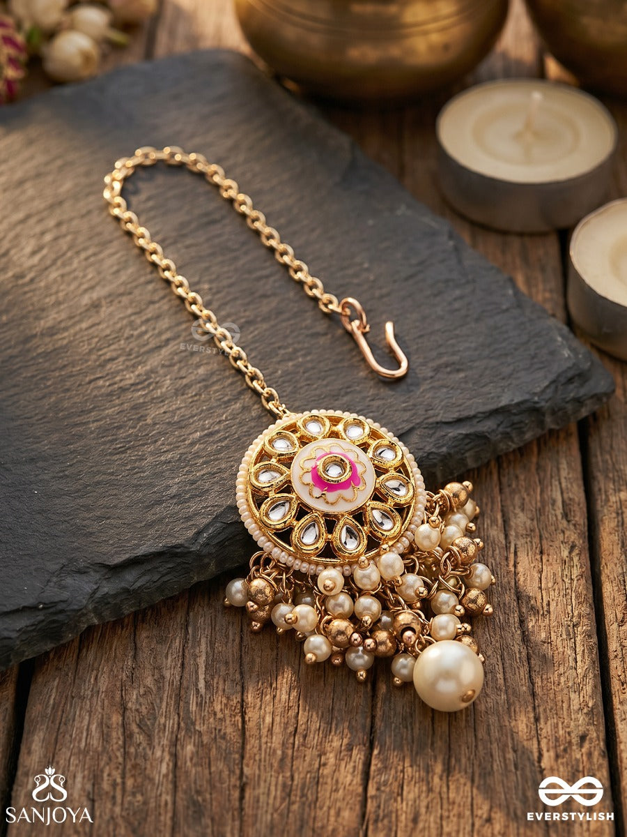 Kshiranila - Milky Sky - Elegant Kundan Pearl Maangtika With A Central Round Polki Enamel Detail
