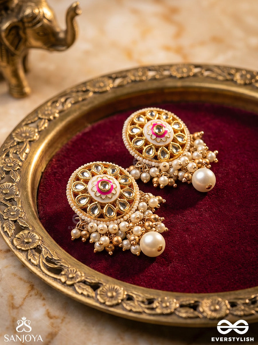 Kshiranila - Milky Sky - Elegant Kundan Pearl Earrings With A Central Round Polki Enamel Detail