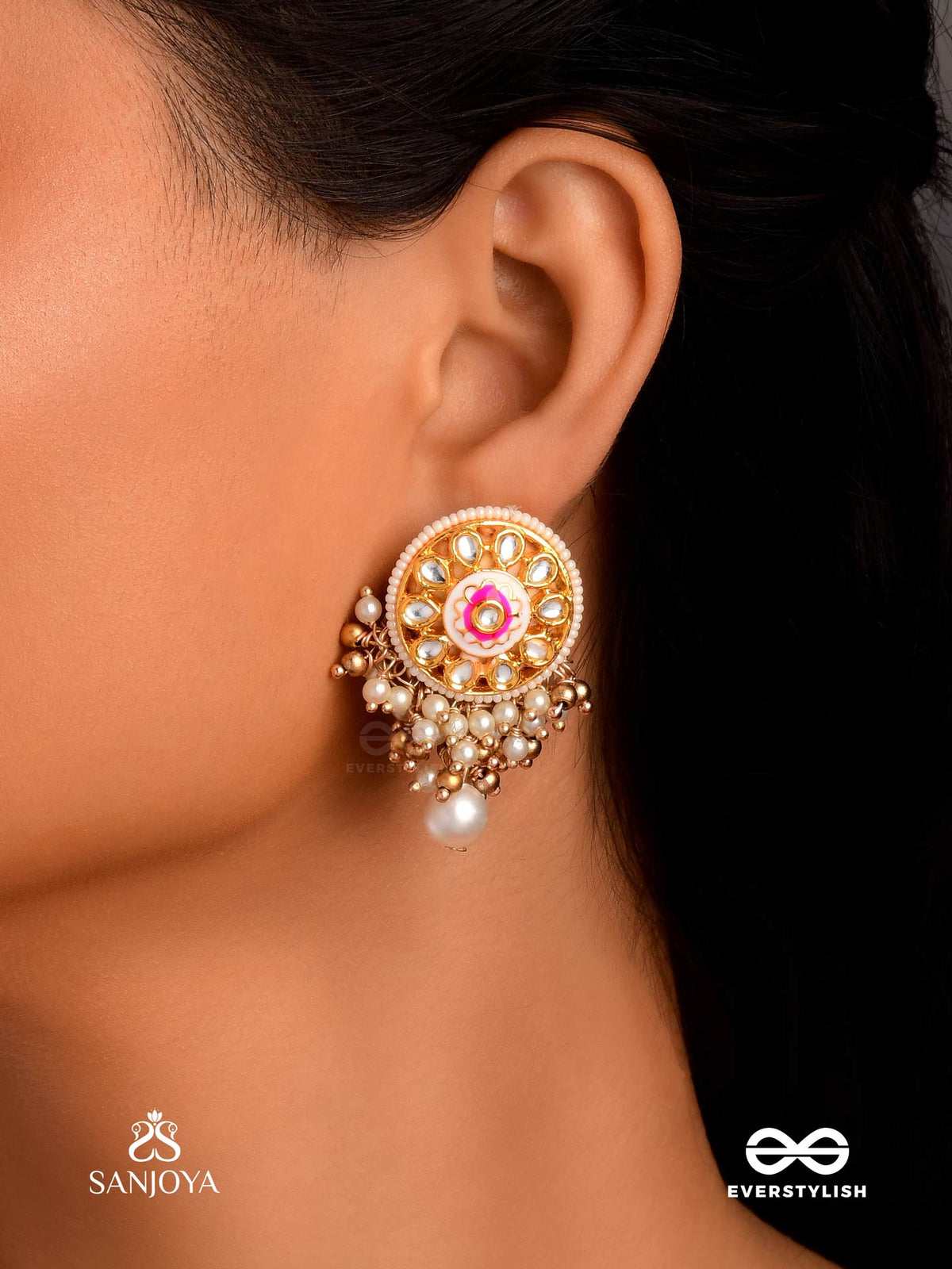 Kshiranila - Milky Sky - Elegant Kundan Pearl Earrings With A Central Round Polki Enamel Detail