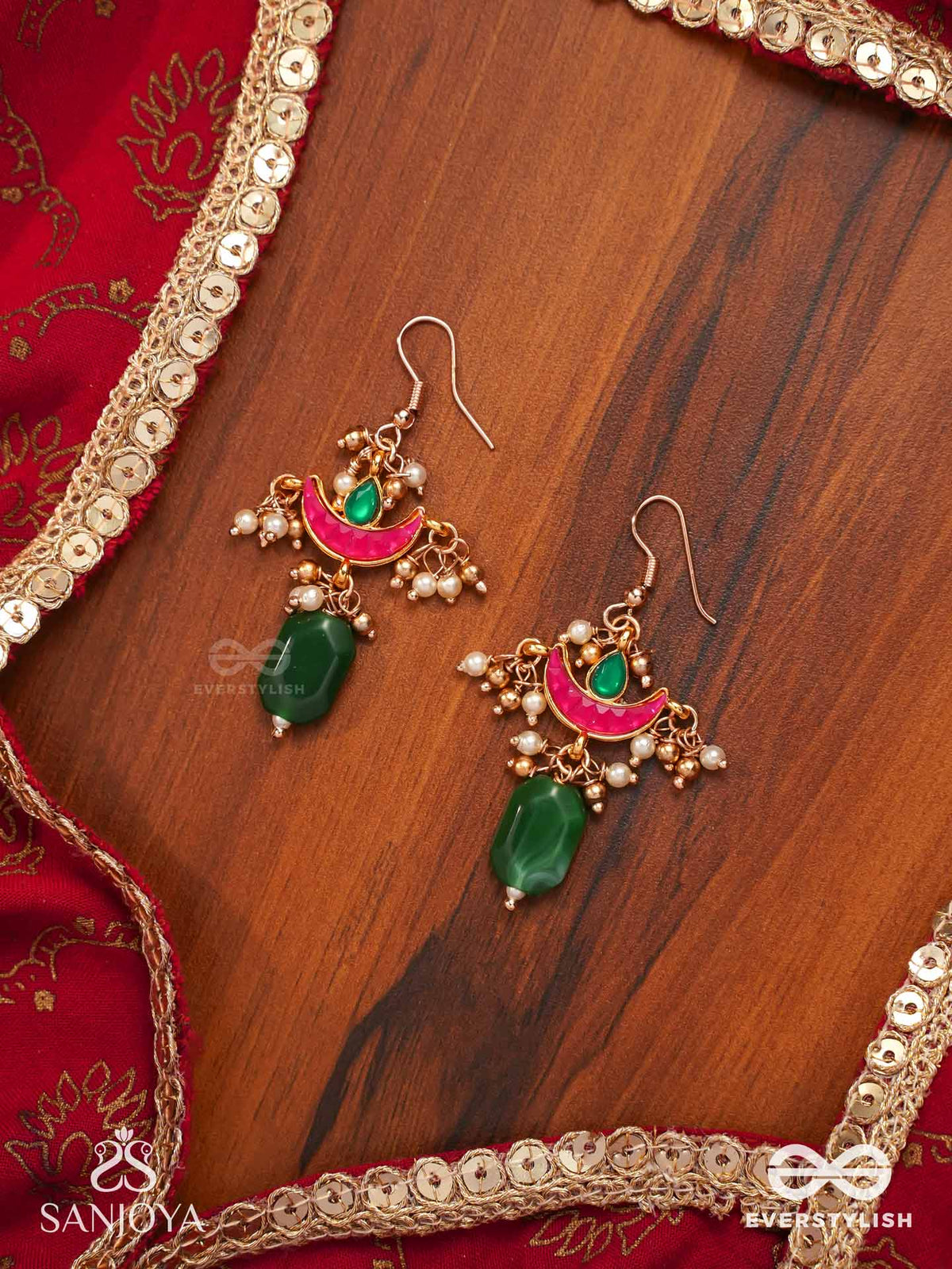 Nilachapa - Blue-Green Arc- Dark Emerald Green Textured Earrings With Kundan And Pearls