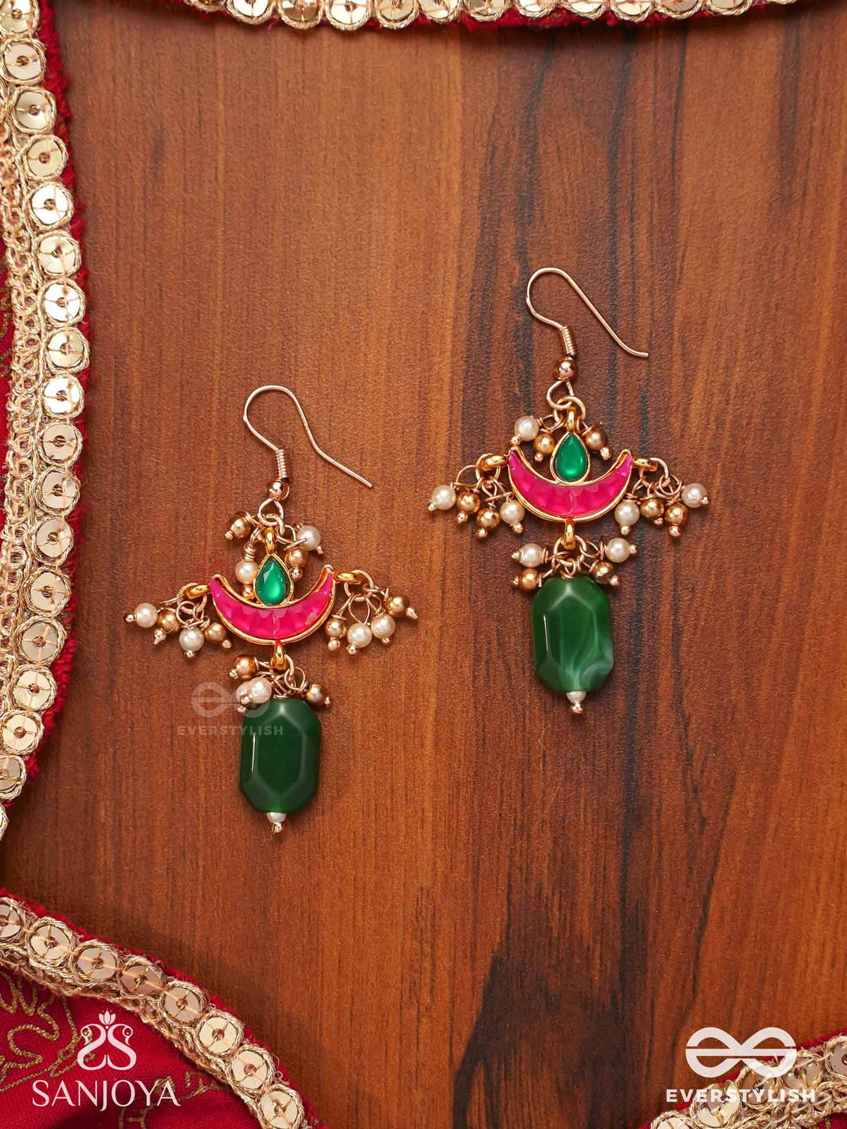 Nilachapa - Blue-Green Arc- Dark Emerald Green Textured Earrings With Kundan And Pearls