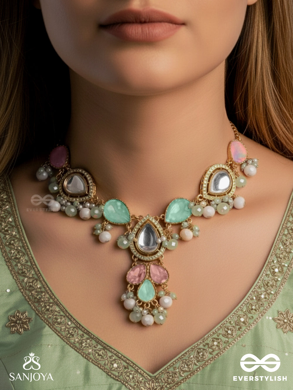 Prithulaa - Delicate Drop- Pastel Drops Kundan Neckpiece With Pearl Accents, Gemstones And Beads
