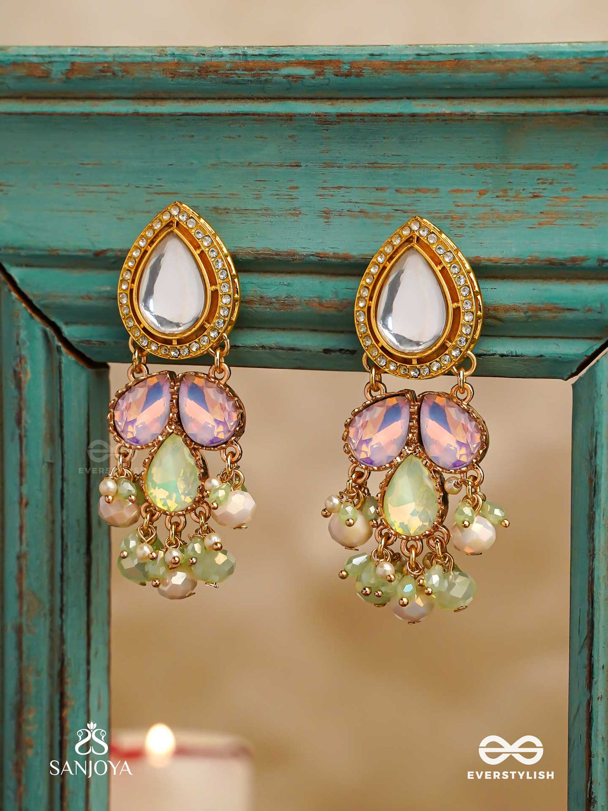 Prithulaa - Delicate Drop- Pastel Drops Kundan Earrings With Pearl Accents, Gemstones And Beads