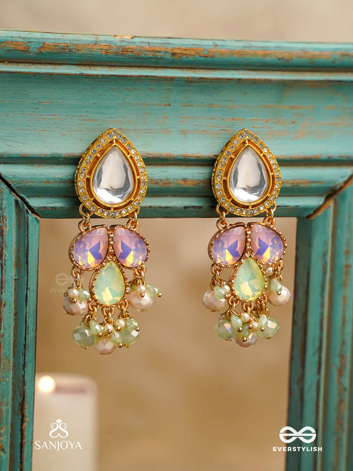Prithulaa - Delicate Drop- Pastel Drops Kundan Earrings With Pearl Accents, Gemstones And Beads