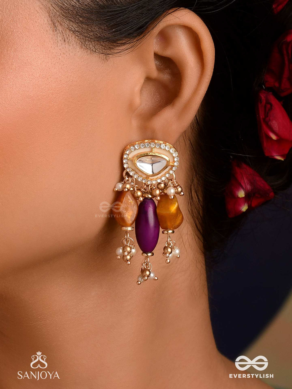 Rasaranjani - Colorful Harmony- Contemporary Kundan Statement Earrings With Deep-Hued Beads And Pearls