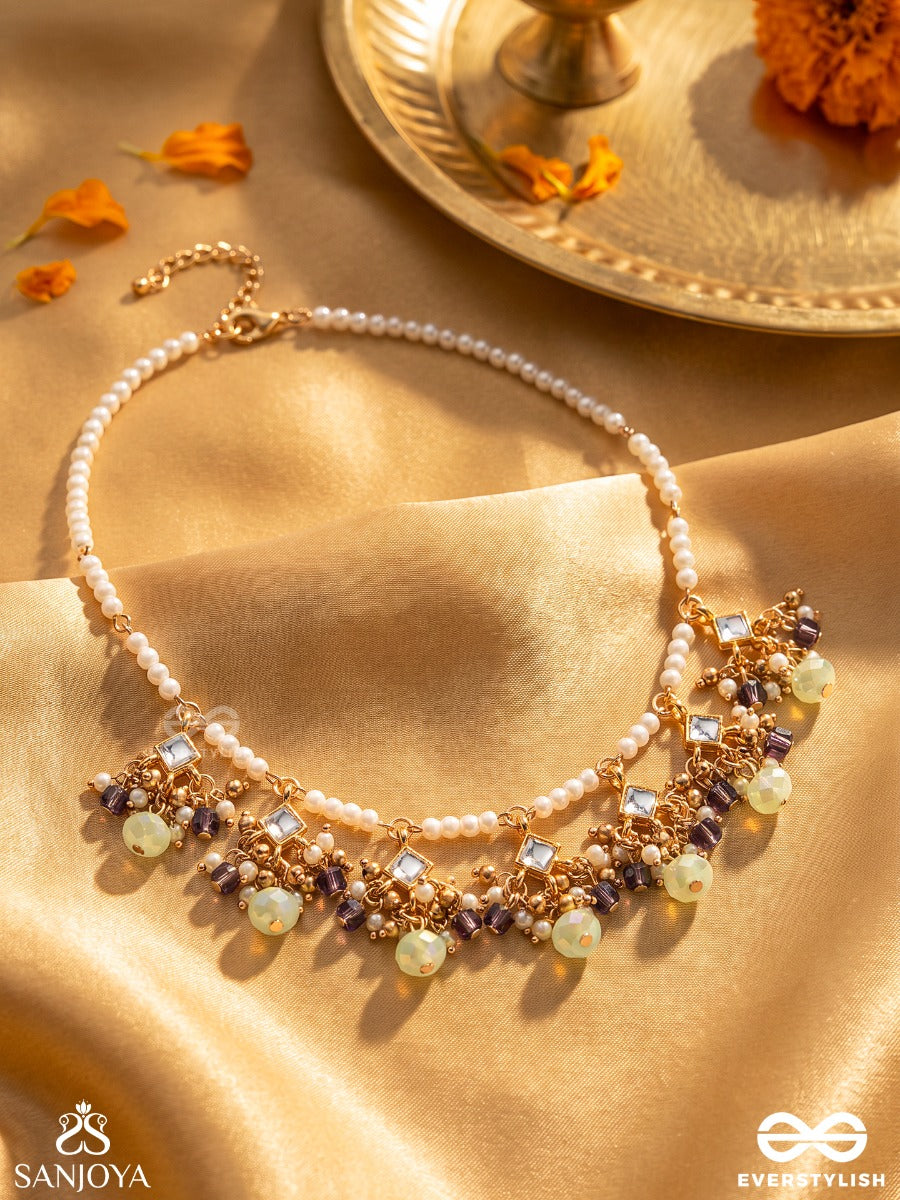 Manjarivalli - Blossoming Creeper - Lightweight Necklace With Petite Gem Clusters Along A Curved Chain